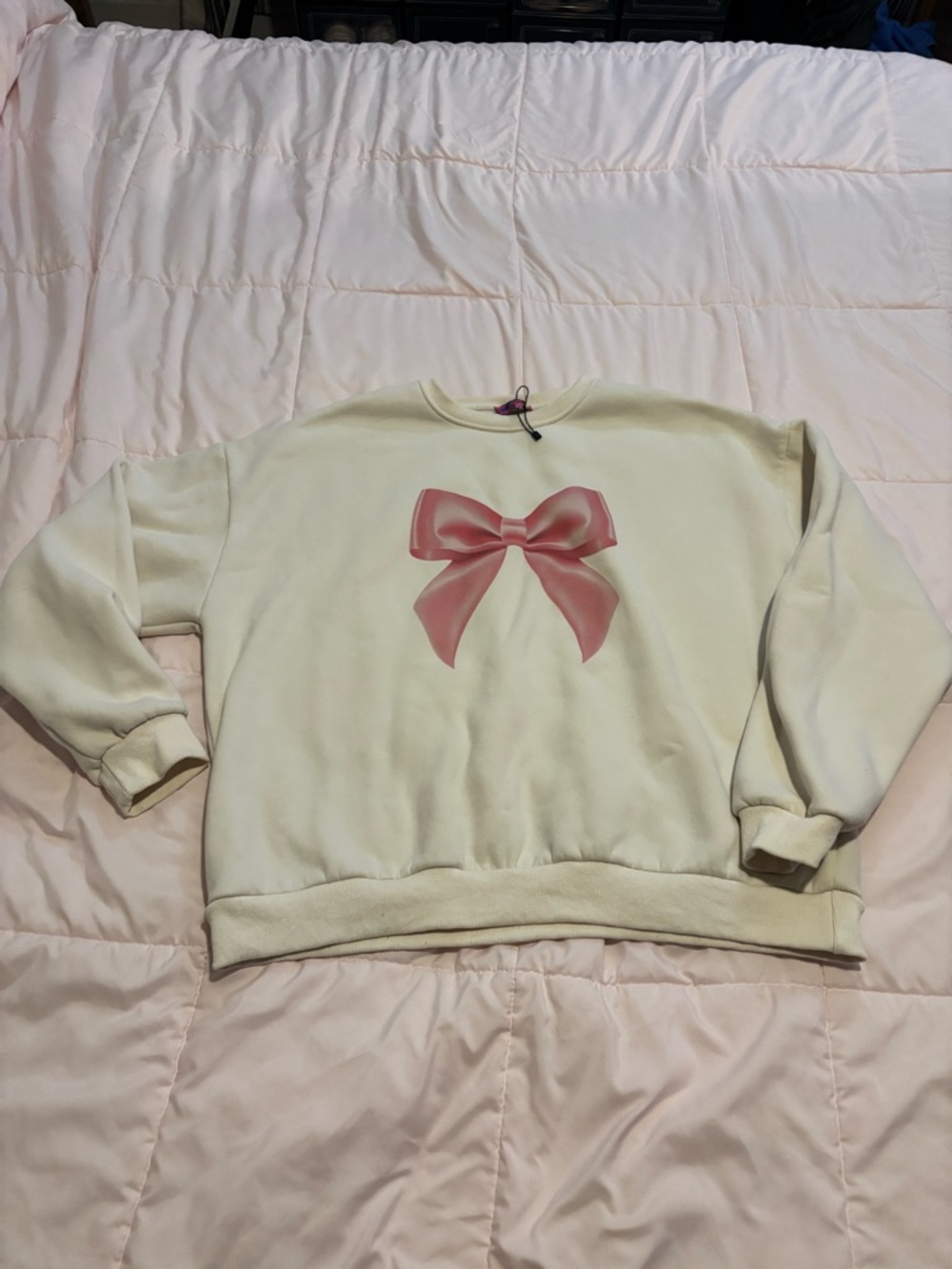 Edikted Cream Sweatshirt with Pink Bow Graphic - Picture 4 of 7